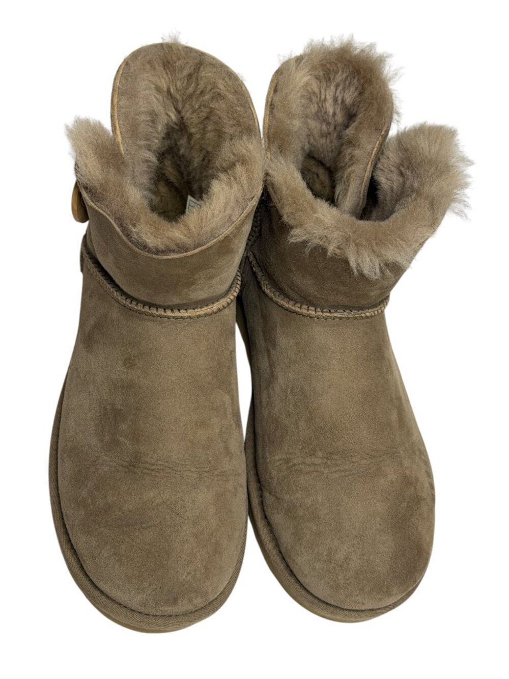 Ugg Mini Bailey Button Boots Suede Shearling Shoes Women Tan Brown 10 - Picture 3 of 11